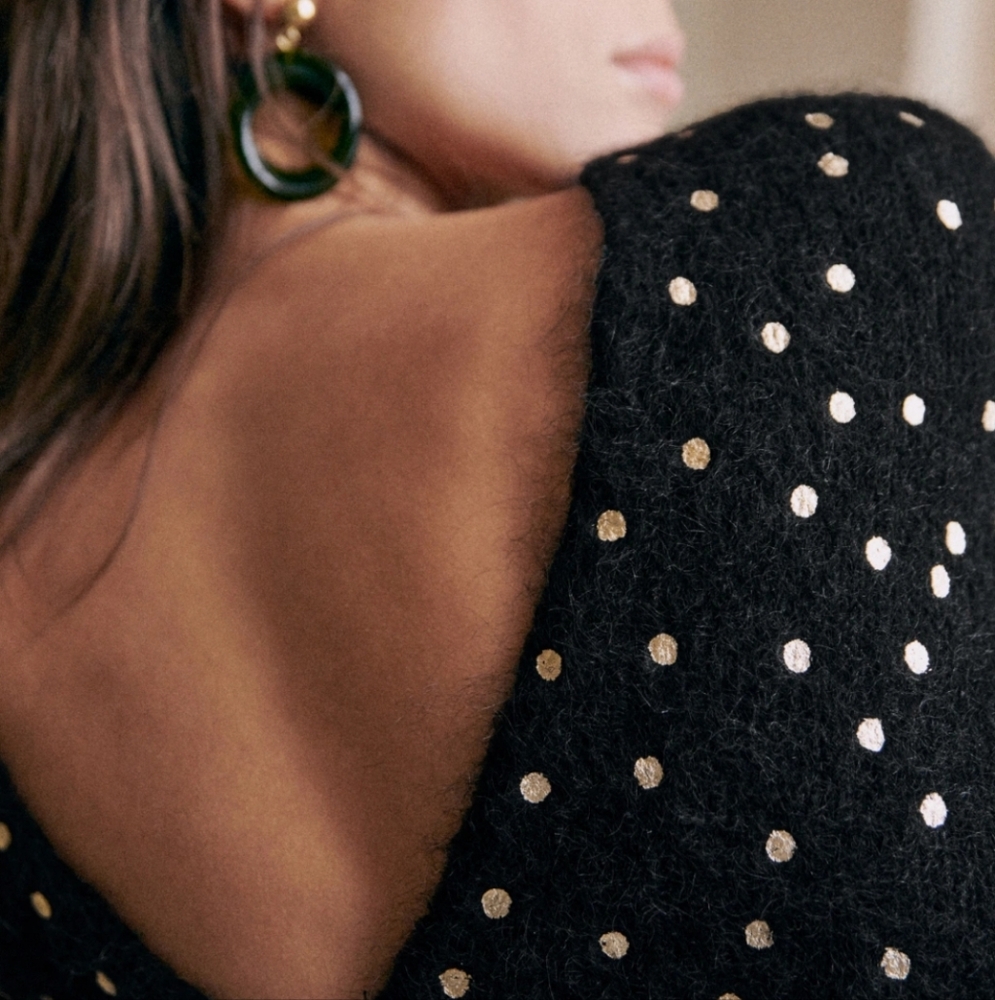 Sezane Lizy Wool/ Kid Mohair Long Sleeve Black Cardigan w/ Gold Polka Dots - Picture 5 of 7